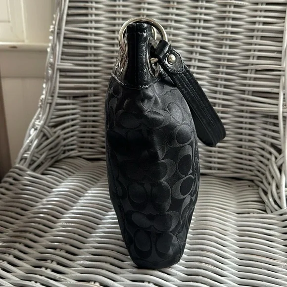 COACH Black Signature C Sateen Shoulder Bag with Creased Leather Trim - Picture 8 of 16